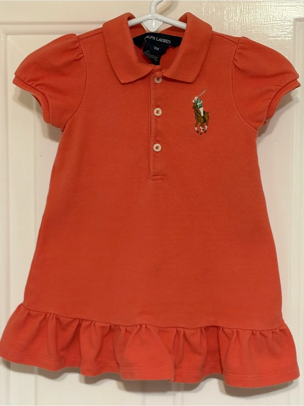 Ralph Lauren Baby Girls Orange Dress w/Ruffle Hem & Large Polo Pony 9 Months